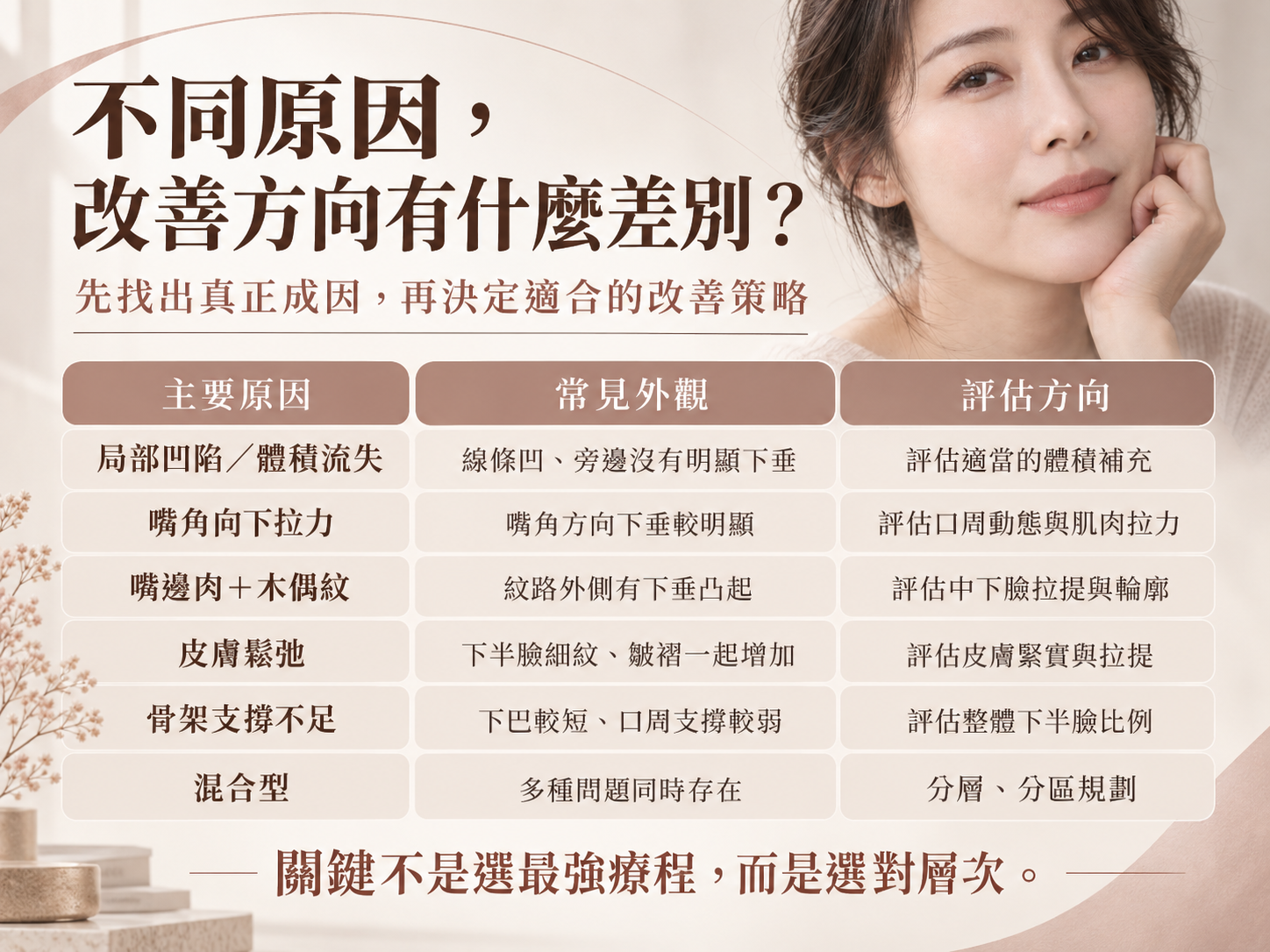 不同木偶紋成因的改善方向:凹陷、嘴角拉力、嘴邊肉、皮膚鬆弛、骨架與混合型