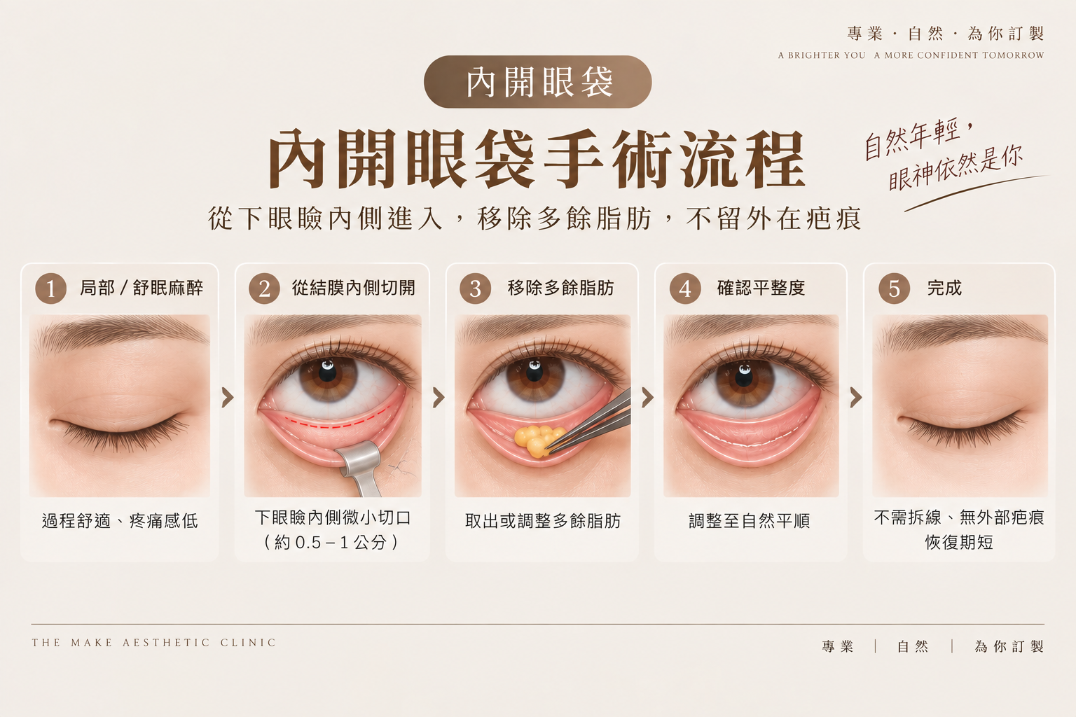 內開眼袋手術流程：經下眼瞼內側結膜切口進入，評估並處理眼眶脂肪的步驟示意圖