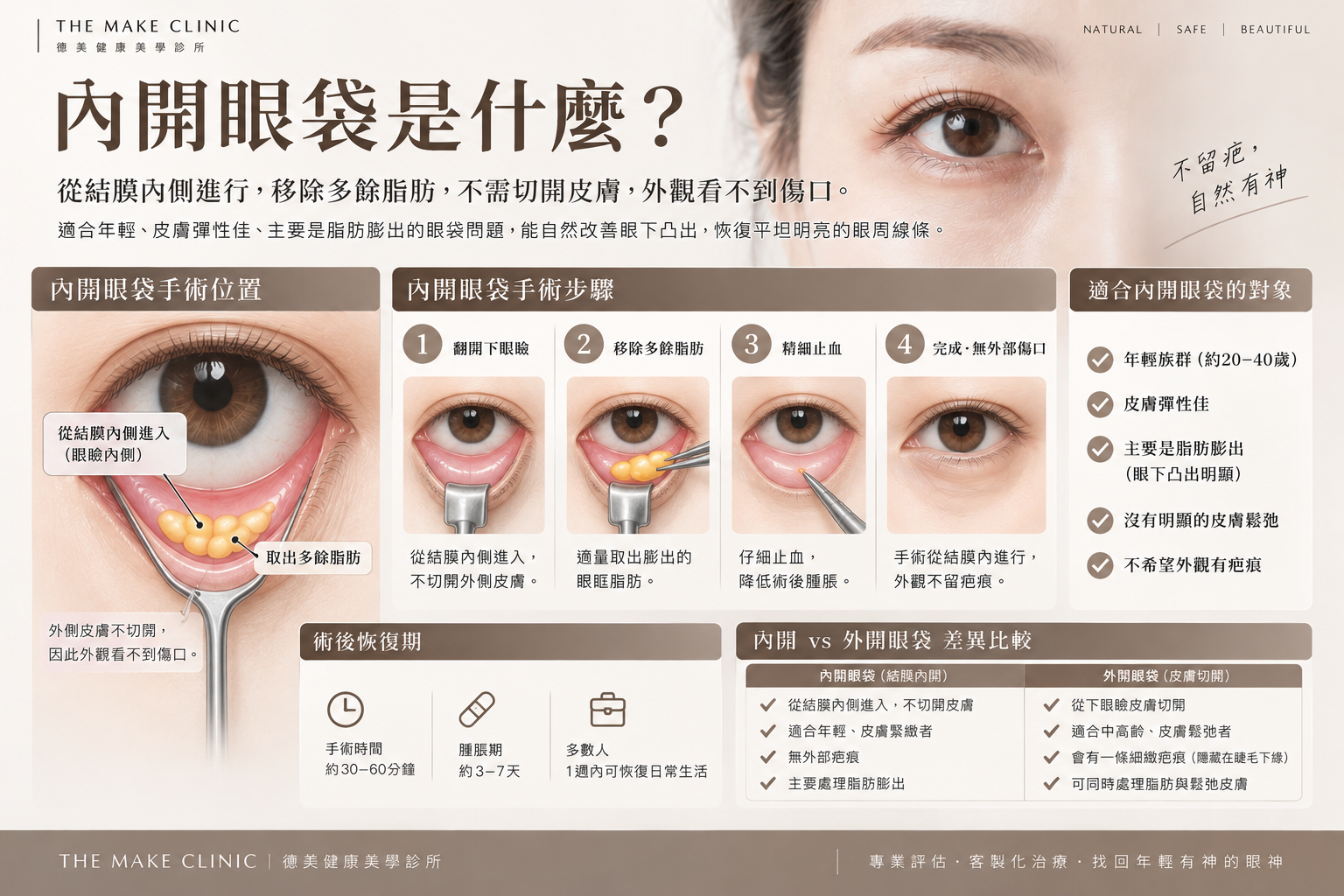 內開眼袋是什麼？經結膜切口處理眼眶脂肪、適合族群與內開外開差異示意圖