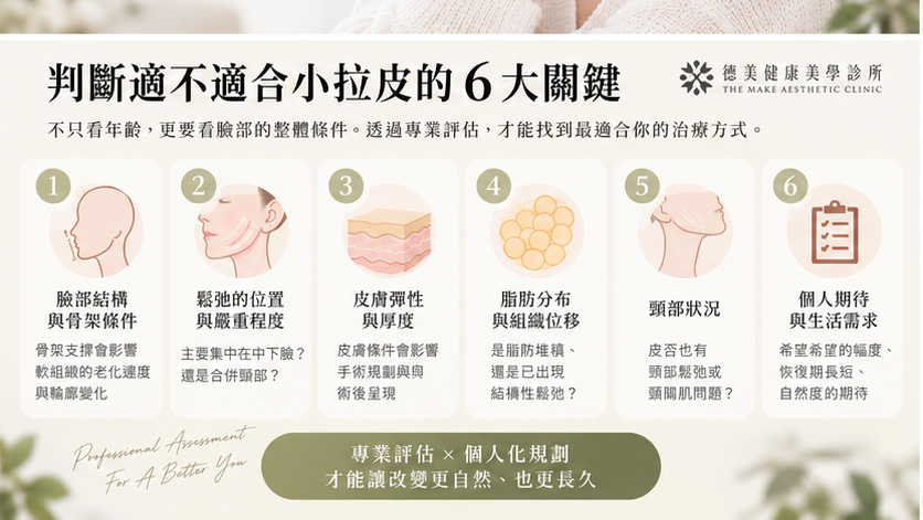 判斷是否適合小拉皮的六大評估重點,包括臉部結構、鬆弛程度、皮膚彈性、脂肪分布、頸部狀況與個人需求