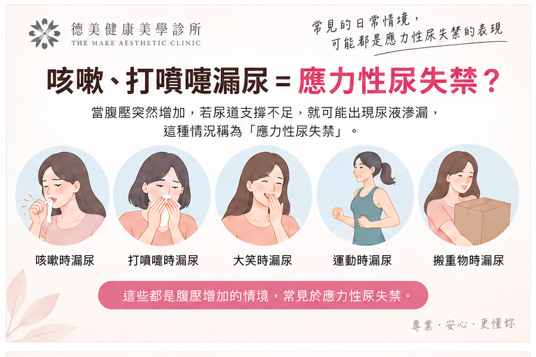 咳嗽、打噴嚏、運動或搬重物時漏尿，常見於應力性尿失禁