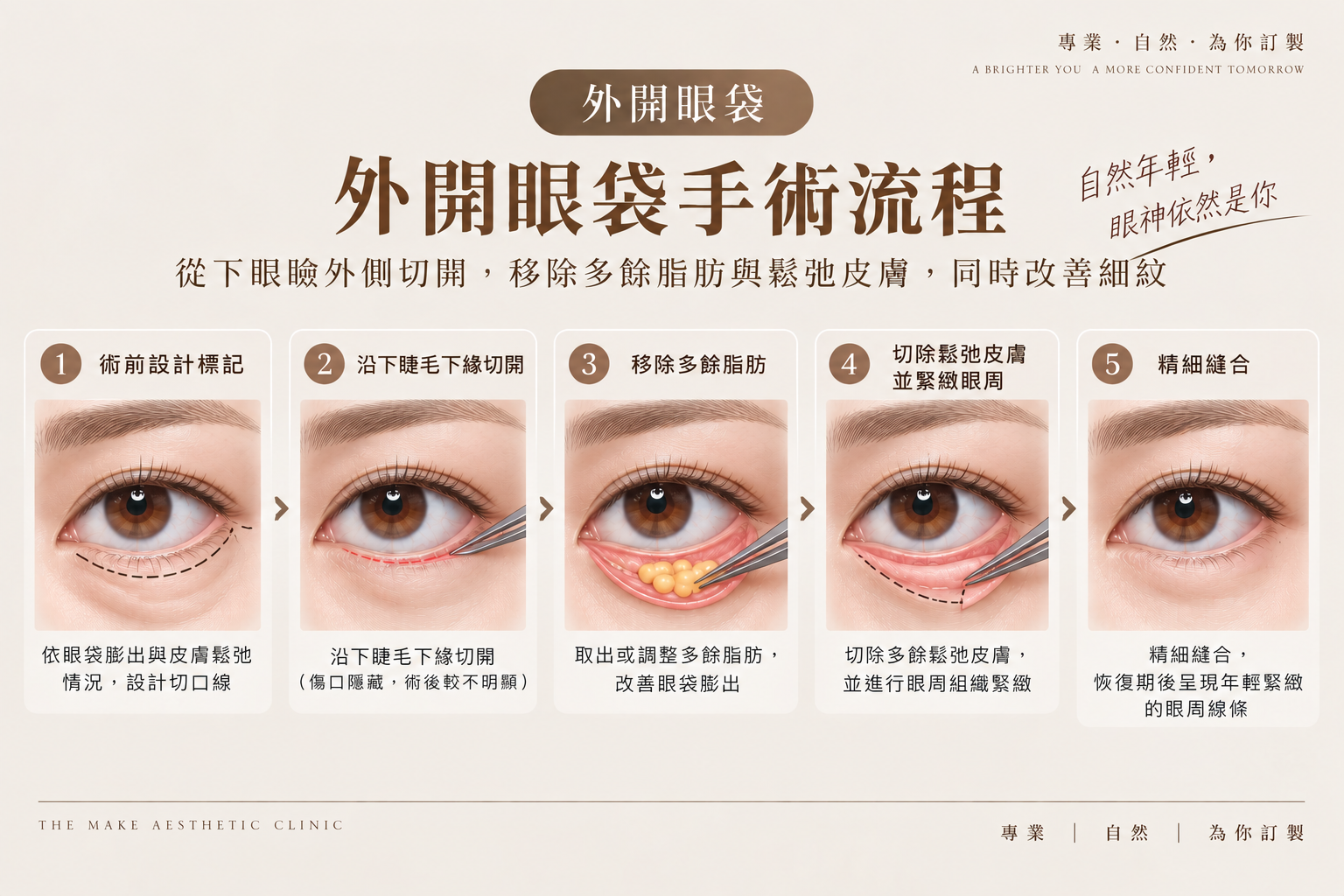 外開眼袋手術流程：從下睫毛附近切口進入，處理眼袋脂肪、鬆弛皮膚與眼周組織的步驟示意圖