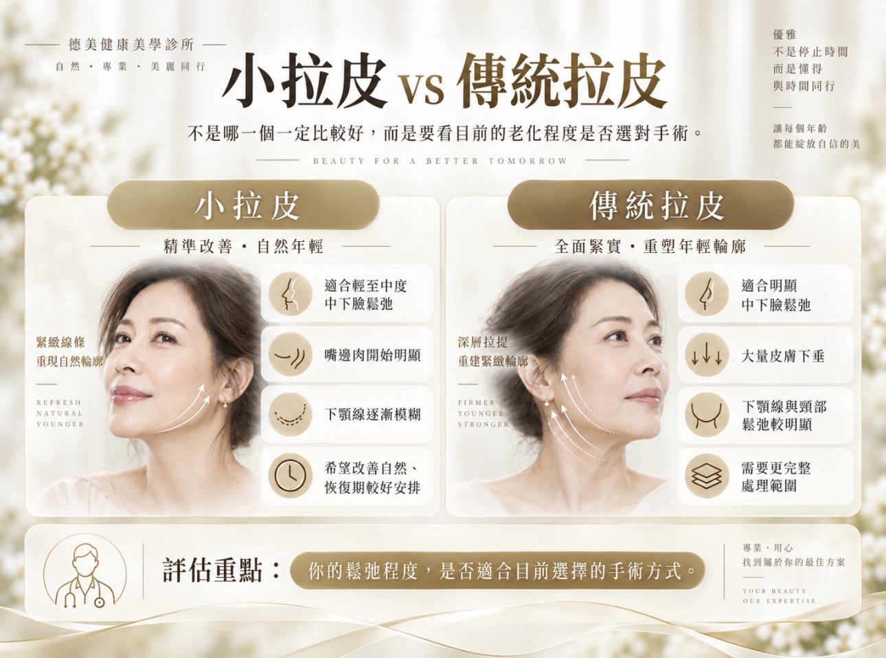 小拉皮與傳統拉皮差異比較圖，說明適合對象、鬆弛程度與手術範圍