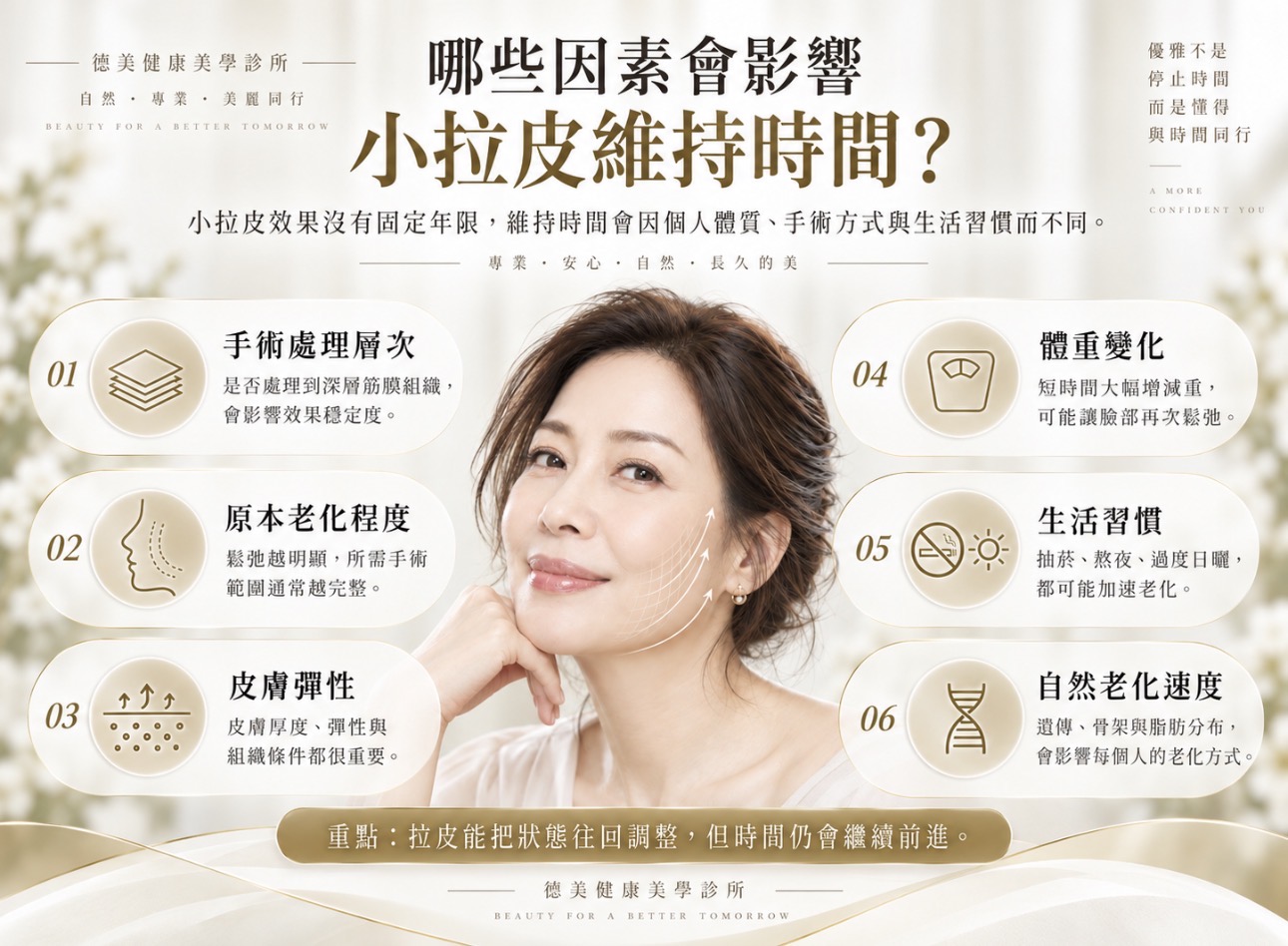 影響小拉皮維持時間的因素，包括手術層次、老化程度、皮膚彈性、體重與生活習慣