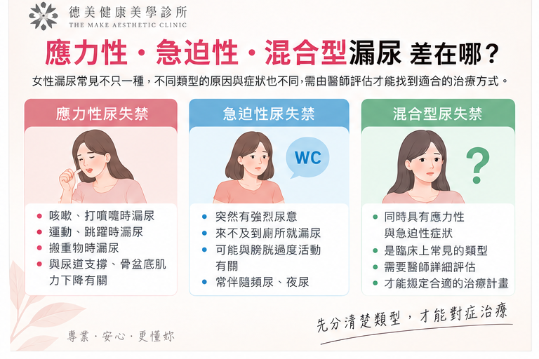 女性常見應力性、急迫性與混合型尿失禁差異比較