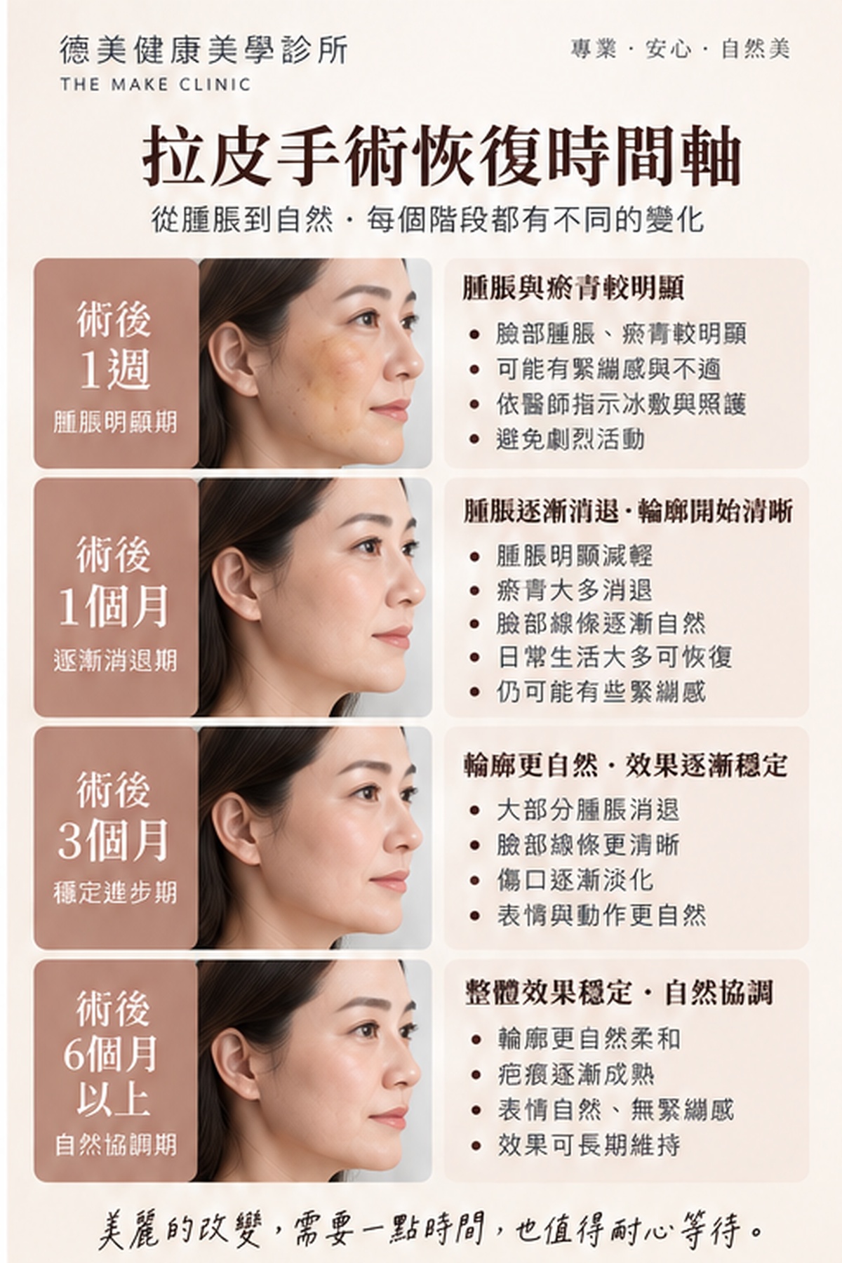 拉皮手術恢復時間軸,整理術後1週、1個月、3個月與6個月以上的恢復變化