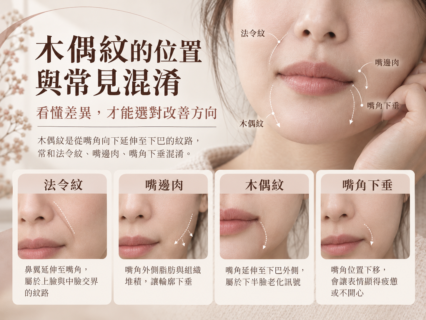 木偶紋位置圖解:木偶紋、法令紋、嘴邊肉與嘴角下垂差異