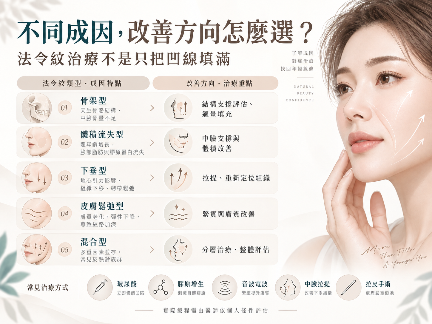 6種常見法令紋類型:骨架型、下垂型、體積流失型、皮膚鬆弛型、表情型與混合型