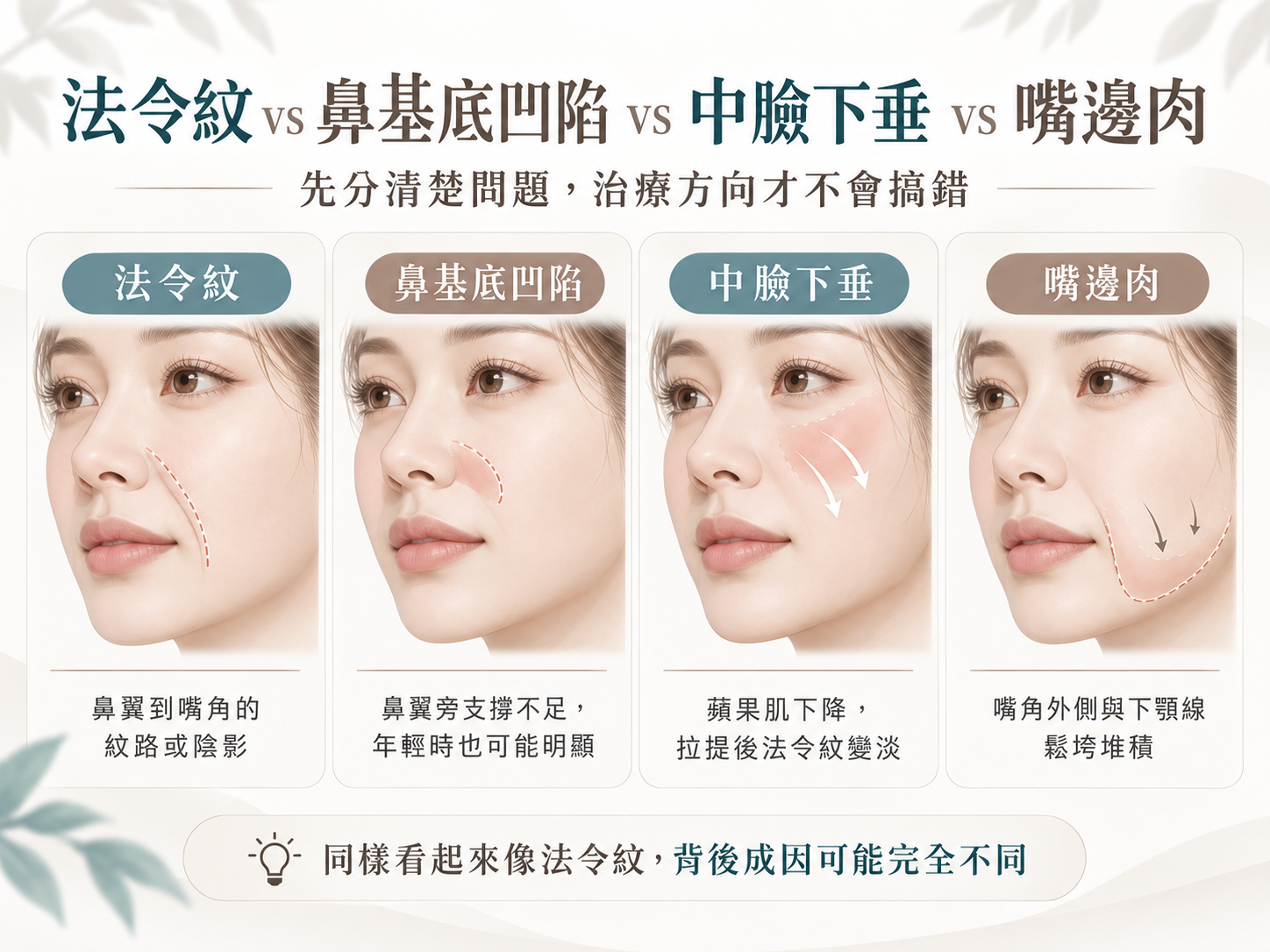法令紋常見成因:骨架與鼻基底、中臉下垂、體積流失、皮膚鬆弛與表情