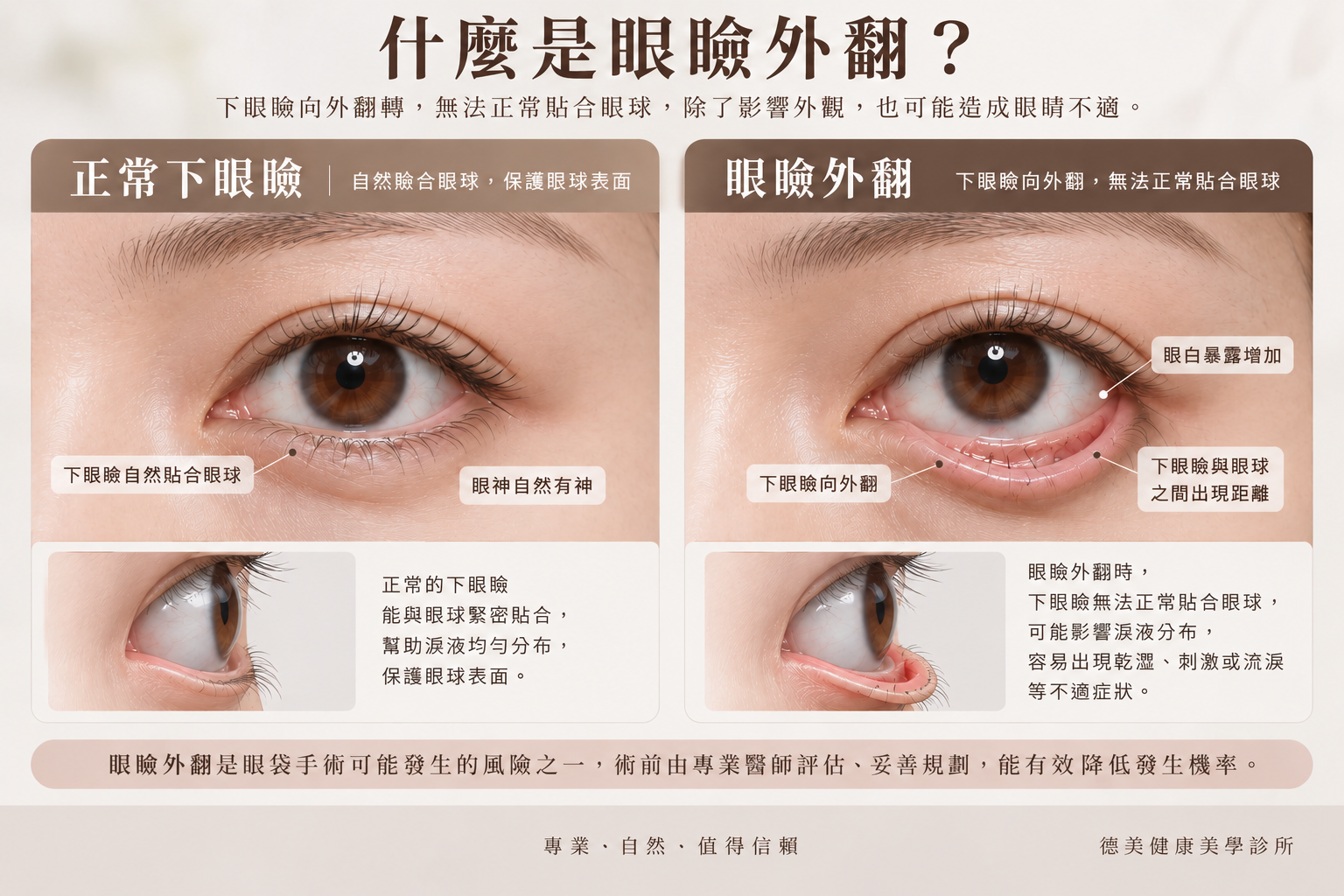 眼瞼外翻示意圖：比較正常下眼瞼與眼瞼外翻，說明眼白暴露增加、下眼瞼無法貼合眼球等差異
