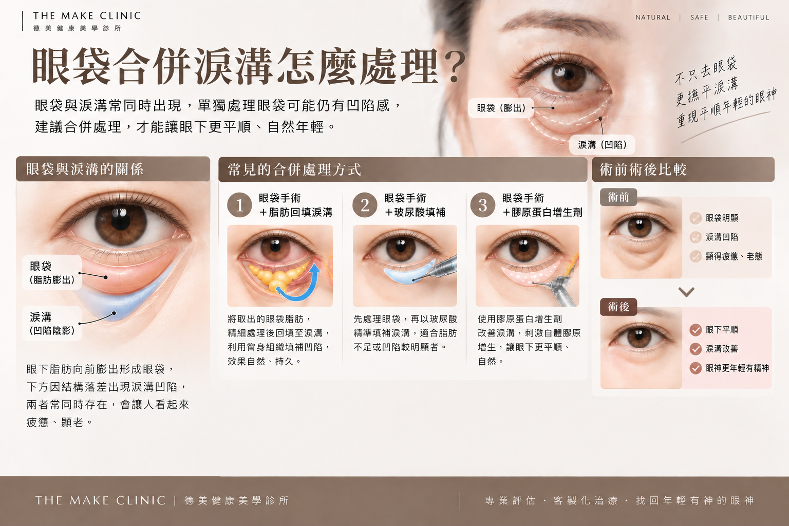 眼袋合併淚溝怎麼處理？眼袋脂肪膨出、淚溝凹陷與脂肪重新配置等評估方式示意圖
