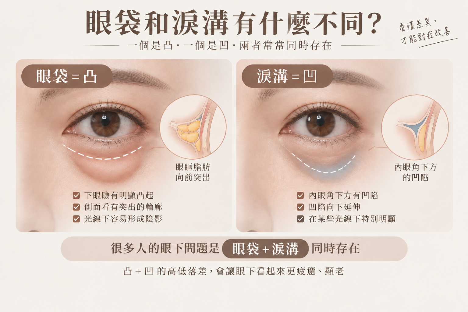 眼袋和淚溝有什麼不同？眼袋脂肪突出形成凸起、淚溝形成凹陷及兩者同時存在的示意圖