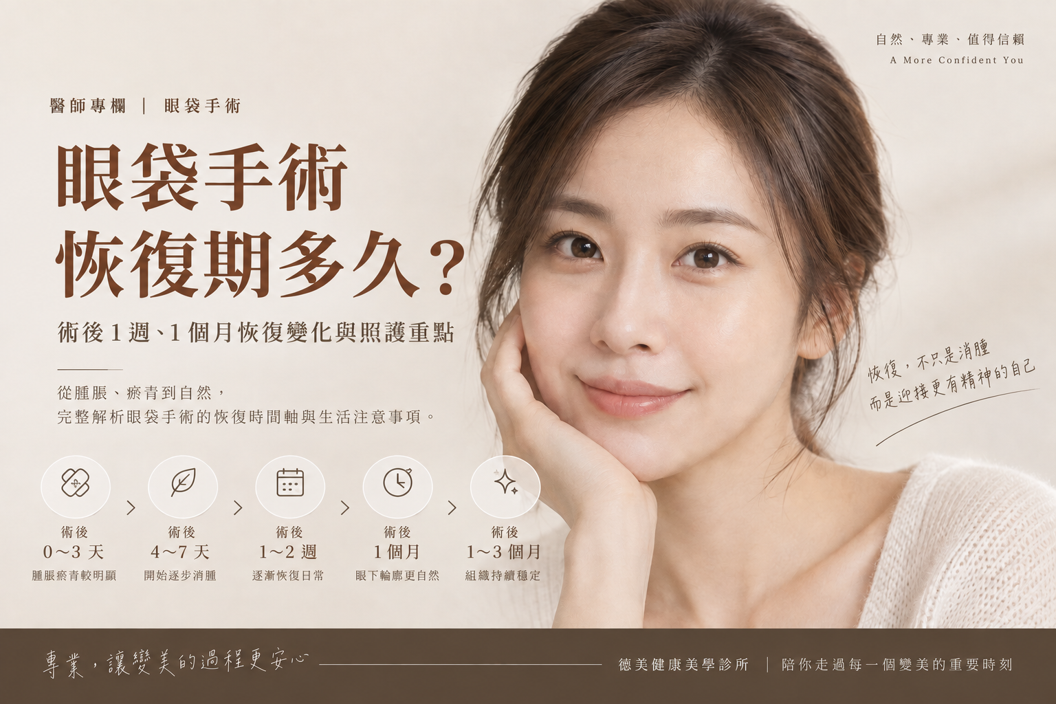 眼袋手術恢復期多久？術後1週、1個月到1至3個月的恢復時間軸與照護重點