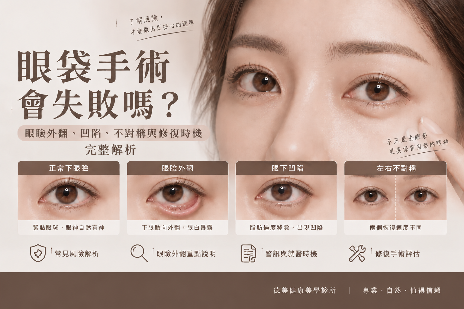 眼袋手術風險解析：眼瞼外翻、眼下凹陷、左右不對稱與眼袋修復時機示意