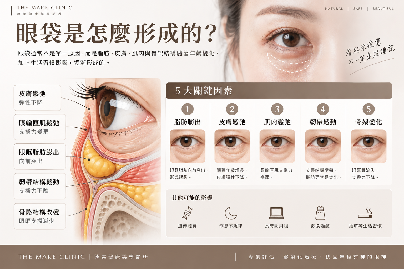 眼袋是怎麼形成的？脂肪膨出、皮膚鬆弛、眼輪匝肌、韌帶與骨架五大因素