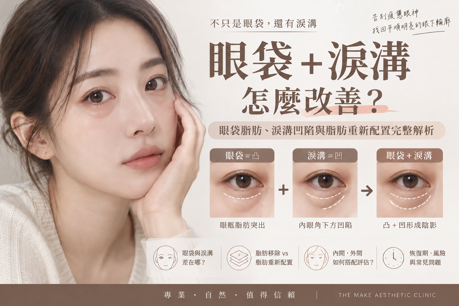 眼袋＋淚溝怎麼改善？眼袋脂肪突出、淚溝凹陷與脂肪重新配置的眼下輪廓示意