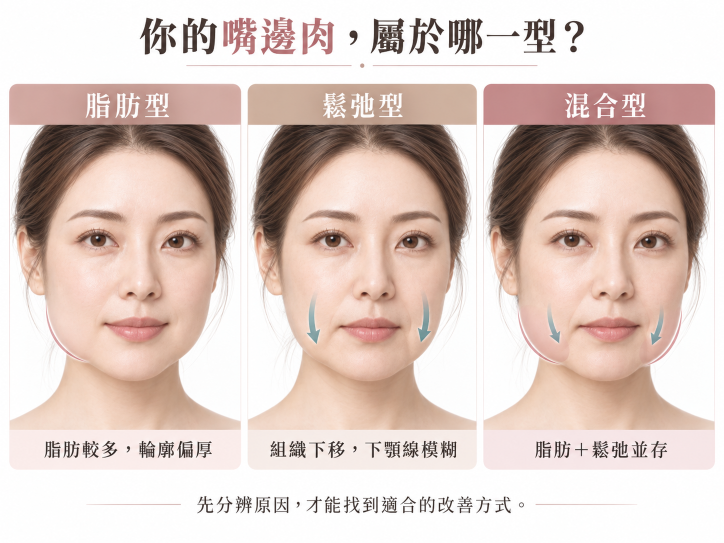嘴邊肉脂肪型、鬆弛型與混合型三種常見類型比較示意圖