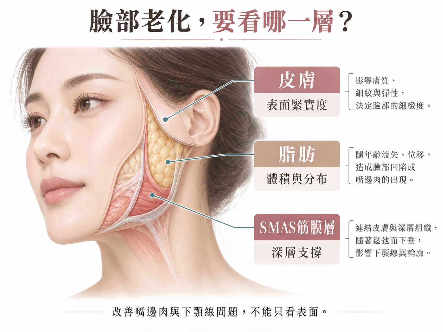 臉部皮膚、脂肪與SMAS筋膜層三層解剖與老化關係示意圖