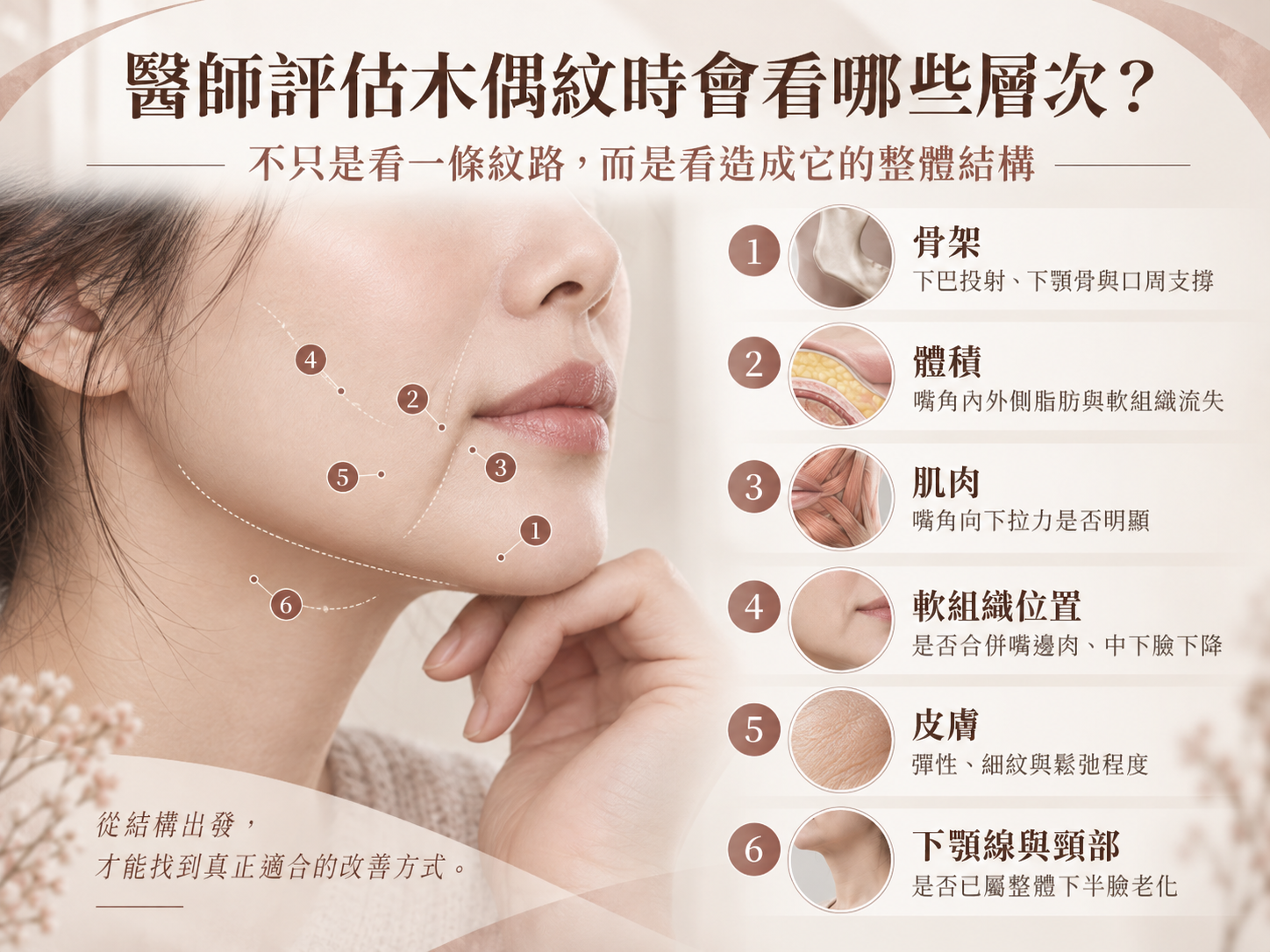 醫師評估木偶紋的六大層次:骨架、體積、肌肉、軟組織、皮膚與下顎頸部