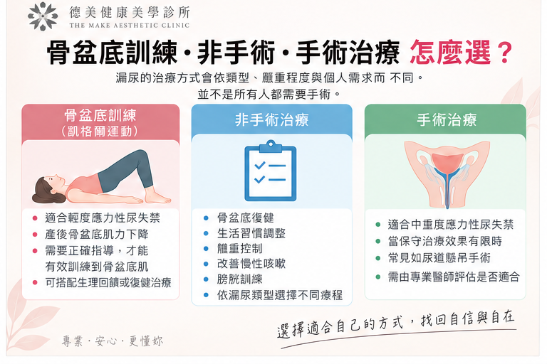 女性漏尿治療可依症狀評估骨盆底訓練、非手術治療與手術治療